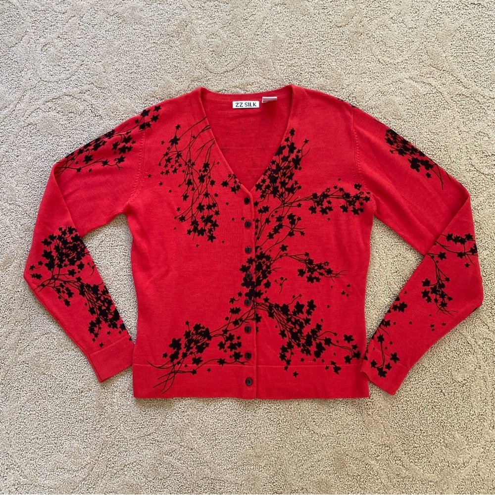 ZZ Silk Red Button Front V-Neck Cardigan Sweater Y2K Size Small Black Floral